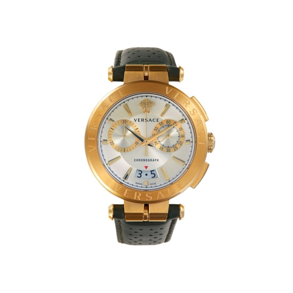 NWT VERSACE
Goldtone Stainless Steel &
Leather-Strap Chronograph Watch